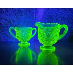 Vintage Vaseline daisy and buttons open sugar and creamer set by Degenhart glass